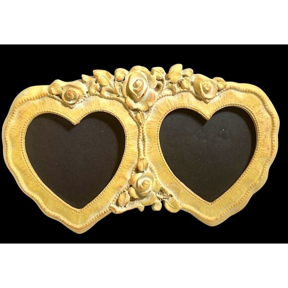 Heart-Shaped Dual Photo Frame By Yesteryear With Floral Design - Yellow & Gold R - Picture 1 of 11